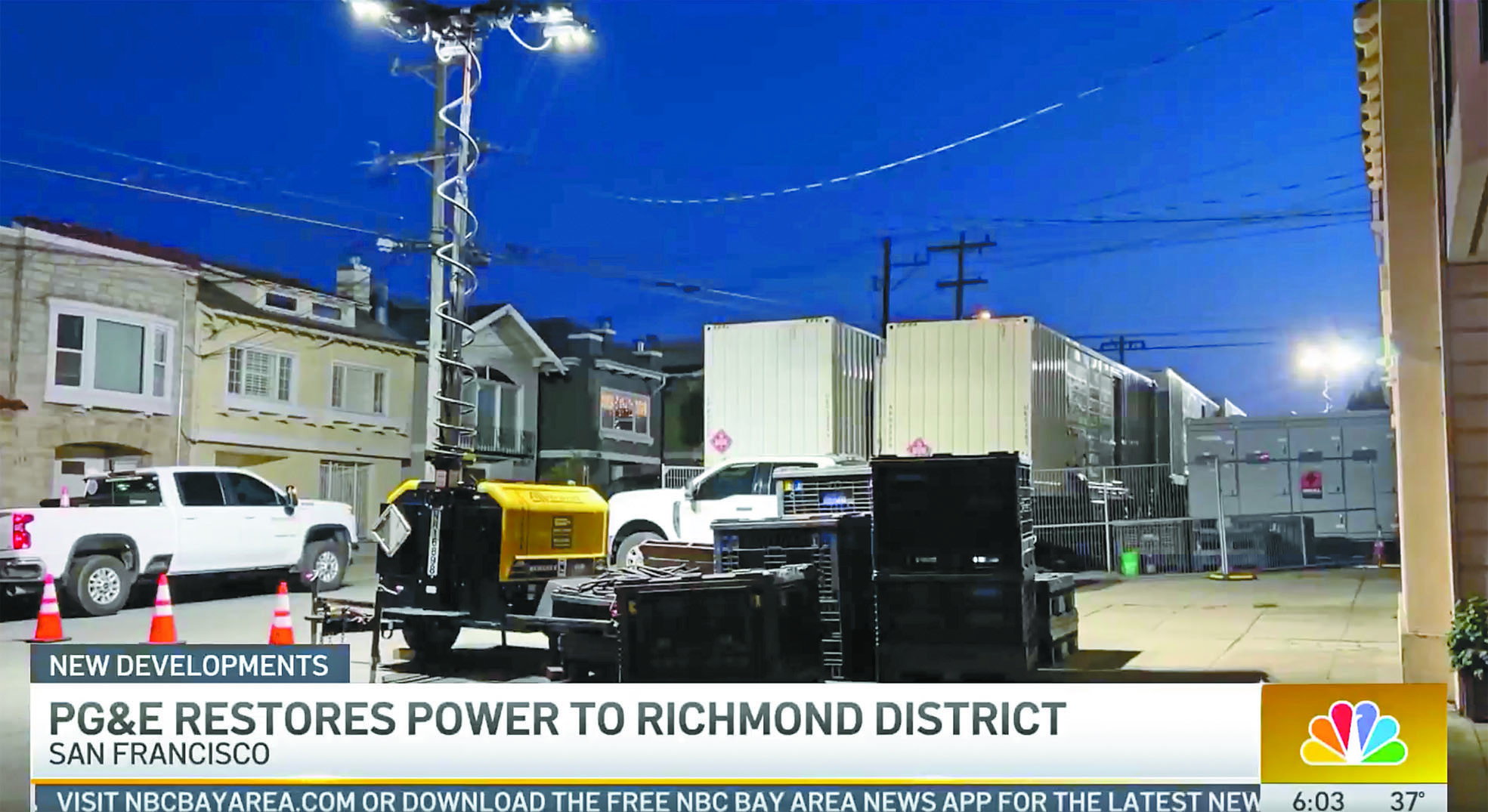 三藩市周日再次傳出有PG&E變壓站起火，造成1萬多戶無預警停電2個多小時。NBC電視畫面
