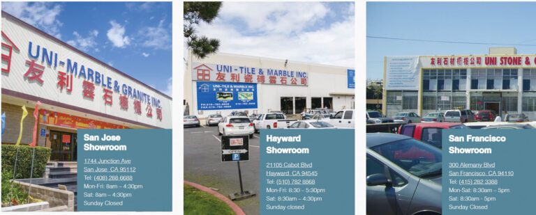 友利石材櫥櫃公司被聯邦起訴涉嫌逃稅，圖為其官網介紹在灣區有三家設計陳列室。網站截圖