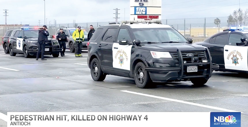 一名逃避執法人員追捕的行人於4號公路遭車輛撞擊身亡。NBC電視畫面