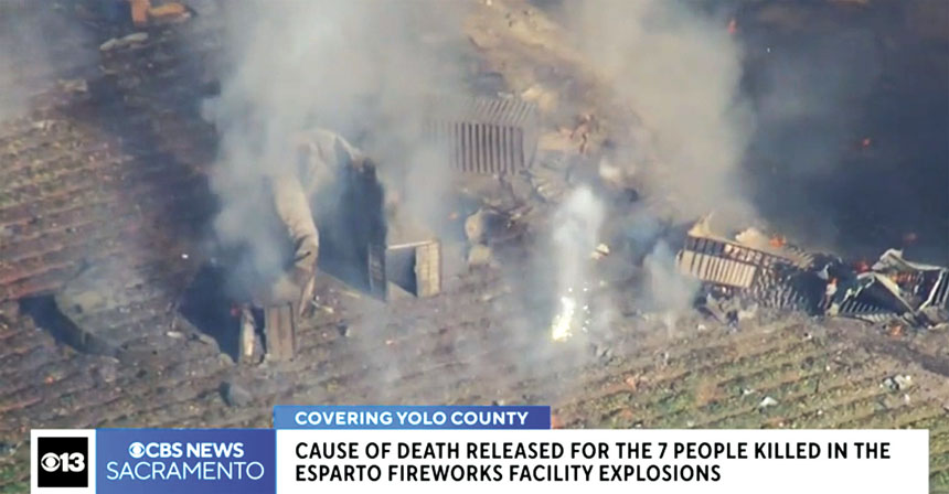 去年7月北加州埃斯帕托（Esparto）發生煙花爆炸事故。CBS電視畫面