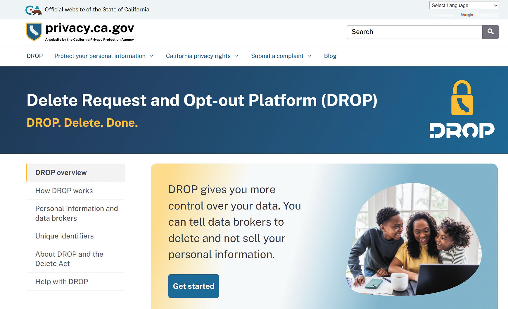 加州推出名為「請求刪除與退出平台」（DROP）平台，為民眾提供一舉清除大部分數字足跡的便利。圖為網站截圖。