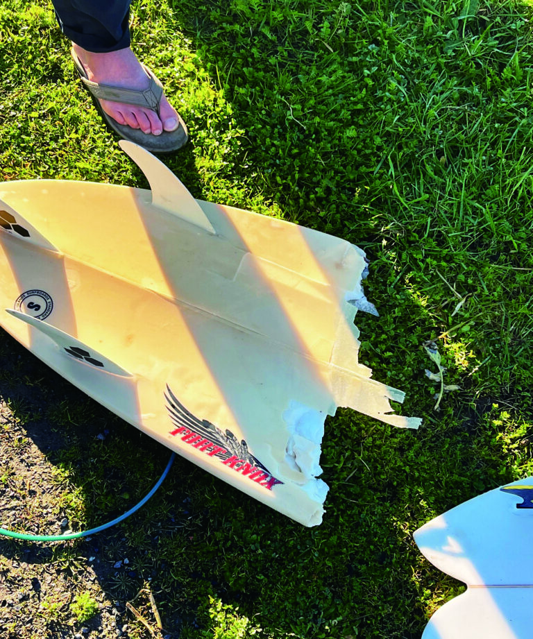 衝浪板被鯊魚咬掉半塊。灣區城市新聞社