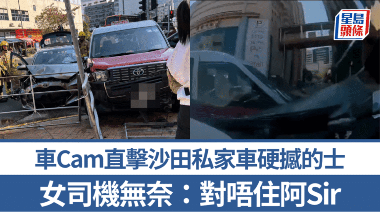車Cam直擊｜沙田私家車猛撼的士撞欄 女司機無奈向警員道歉