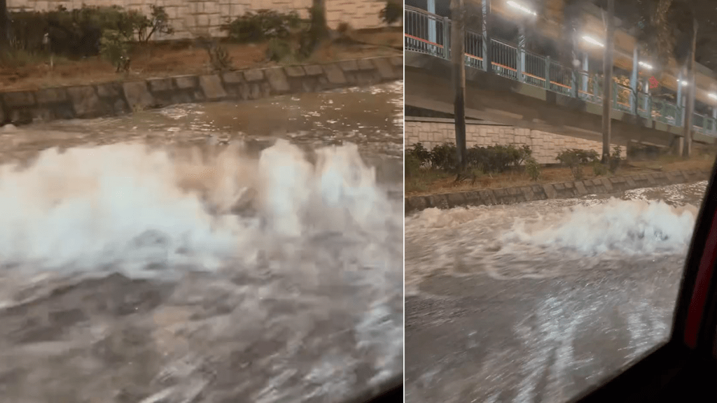 粉嶺沙頭角公路爆水管 路面變河道 車輛「陸上行舟」