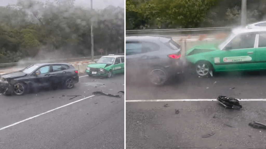 粉嶺公路驚現連環撞！私家車自炒後 的士疑未收油直撼車尾