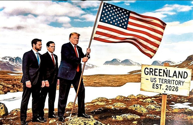 特朗普在社交平台發AI圖，顯示他持美國國旗登上格陵蘭島，作勢插下，身後站著副總統萬斯和國務卿魯比奧。 Truth Social