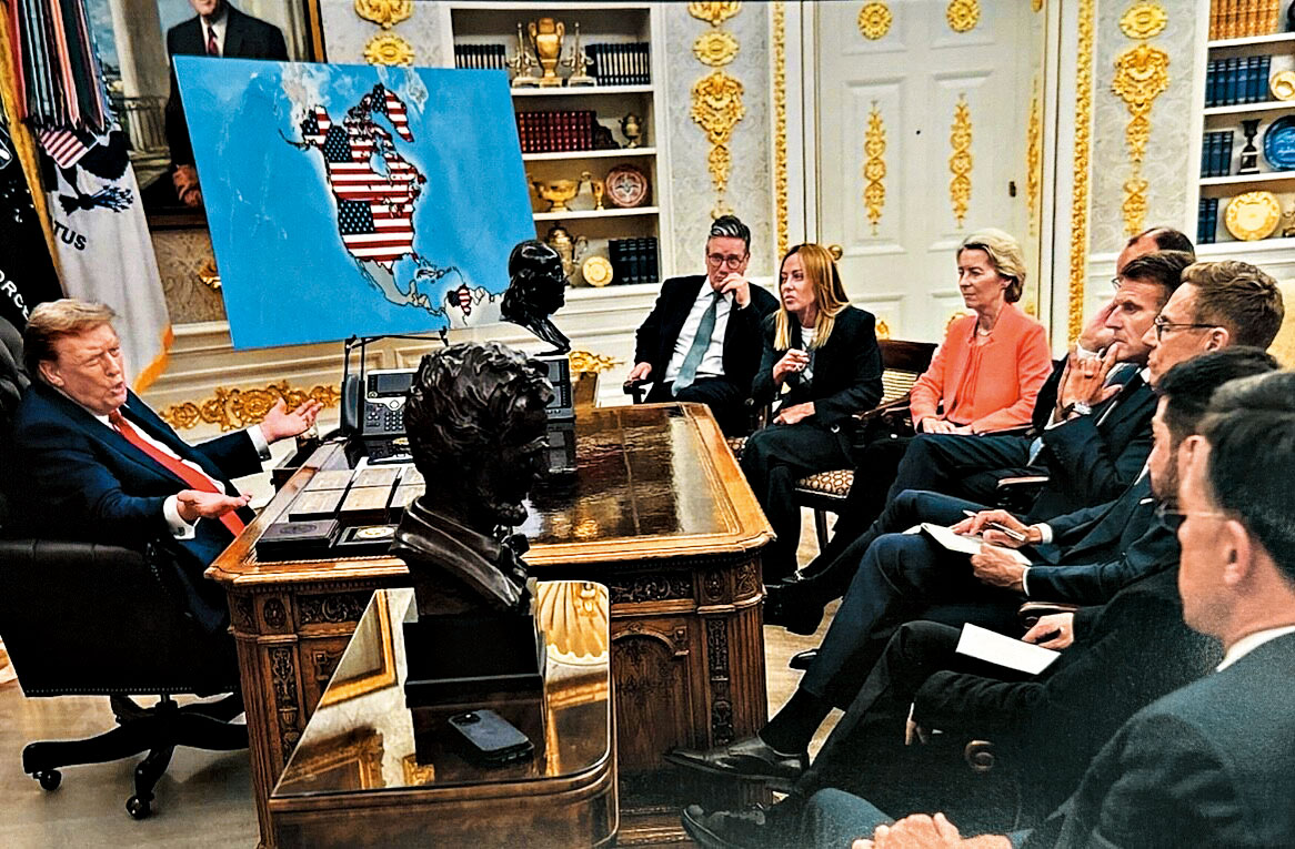 特朗普發布的另一張圖顯示，他在白宮會見歐洲領導人，背景地圖中加拿大、格陵蘭等均被美國國旗覆蓋。