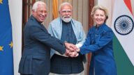 印度總理莫迪（中）、歐盟委員會主席馮德萊恩（右）和歐洲理事會主席科斯塔（左）27日在新德里會面。路透社