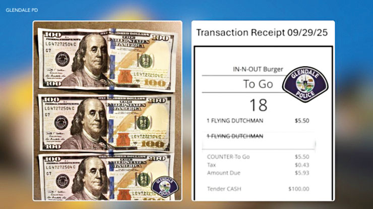 警方出示偽造的百元鈔票和一張收據作為證據。格倫代爾警察局