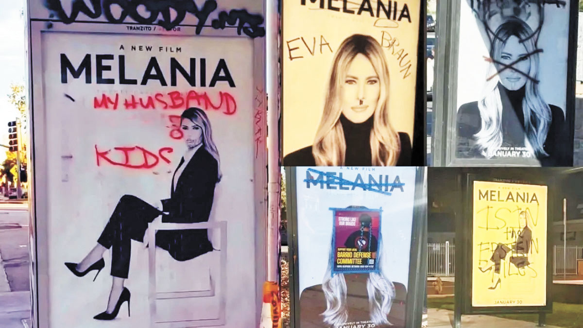 張貼在公車站的電影海報遭人惡意破壞，電視台對海報上的髒話進行模糊處理。洛杉磯縣大都會交通管理局