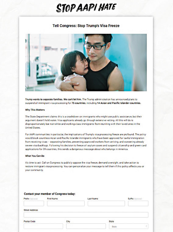 聯盟同時呼籲亞裔民眾積極發聲，簽署聯名信，敦促他們反對停發簽證等針對移民的歧視性政策。