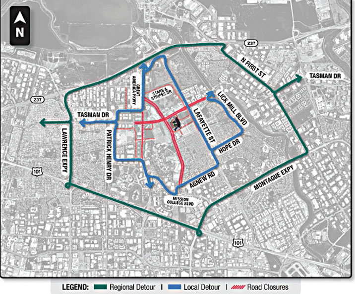 超級盃比賽日2月8日利維球場周圍實施車輛限制的地圖。Bay Area Host Committee