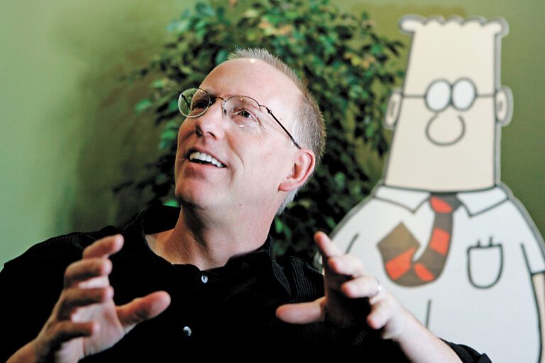 《Dilbert》漫畫作者亞當斯2006年在東灣都柏林的工作室談論其創作。美聯社資料圖片