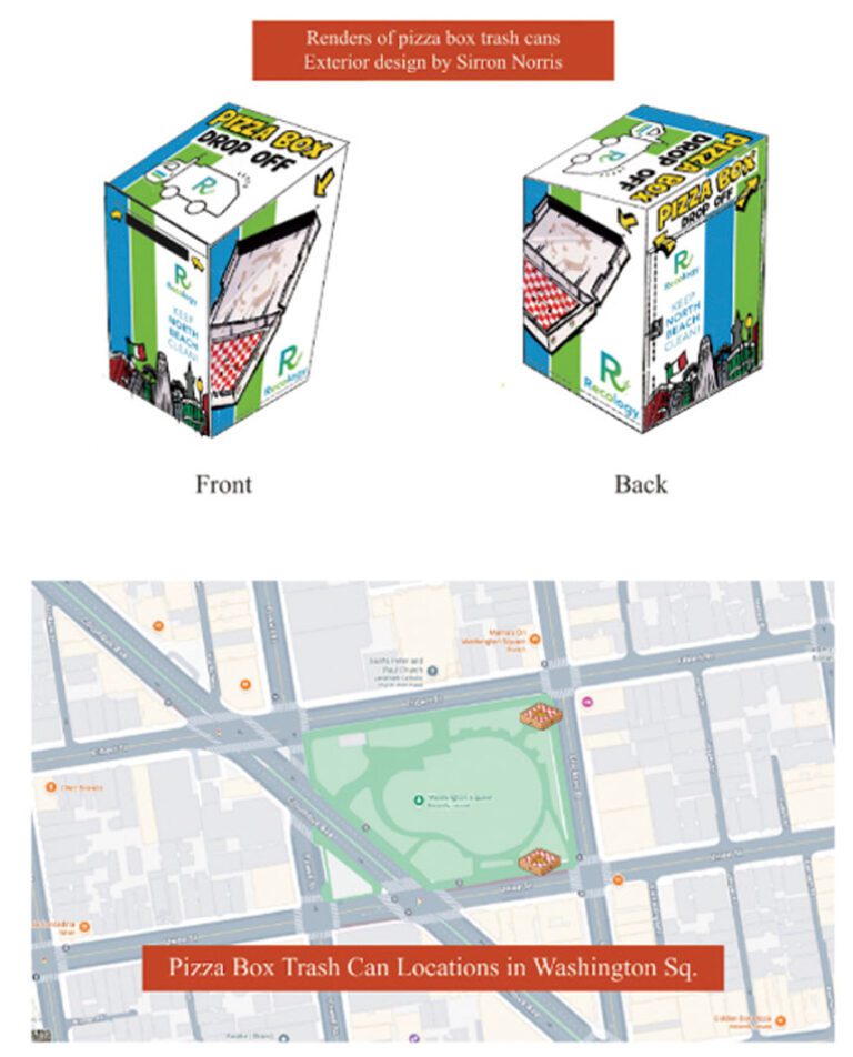 設計圖顯示，垃圾桶外觀印有北岸地標插畫，並設有狹長的橫向投入口。李爾德辦公室提供