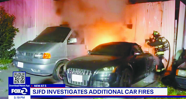 聖荷西近日爆發一連串汽車遭縱火，包括周二凌晨五地點11輛汽車遭燒毀。霍氏新聞台圖片