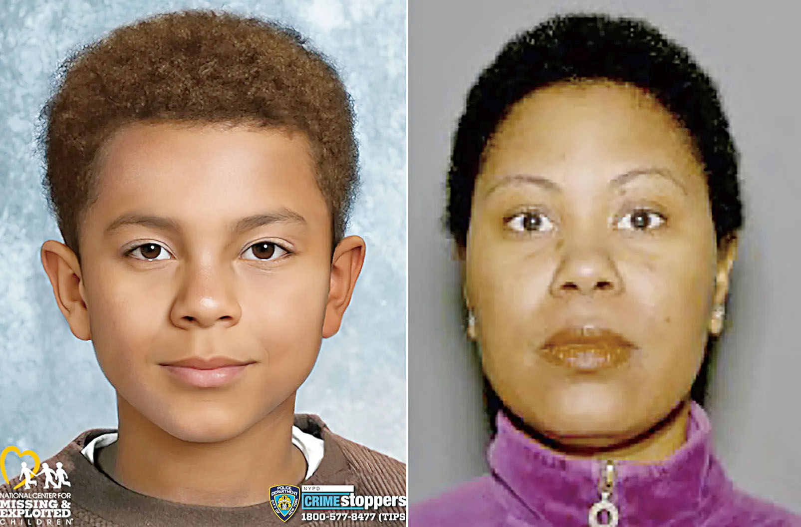 市警發布男孩雅各布(左)的電腦合成圖像,以及其母親普里切特(右)的照片。NYPD