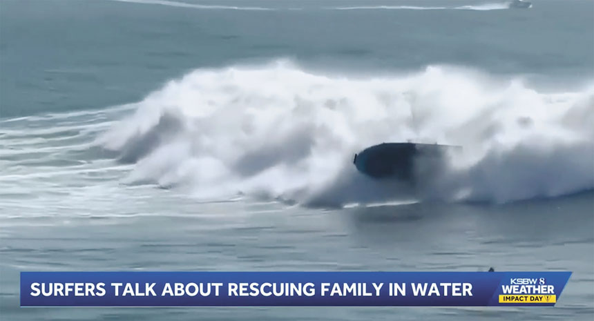 汽船翻覆六人落水，衝浪客英勇救人。KSWB8電視畫面