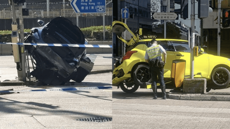 驚險！牛頭角Tesla猛撼燈柱毀8米欄杆 深水埗「辣椒仔」剷安全島