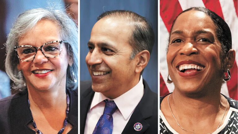 民主黨三位聯邦參議員候選人： 左起：羅賓凱利、拉賈、史特拉頓。