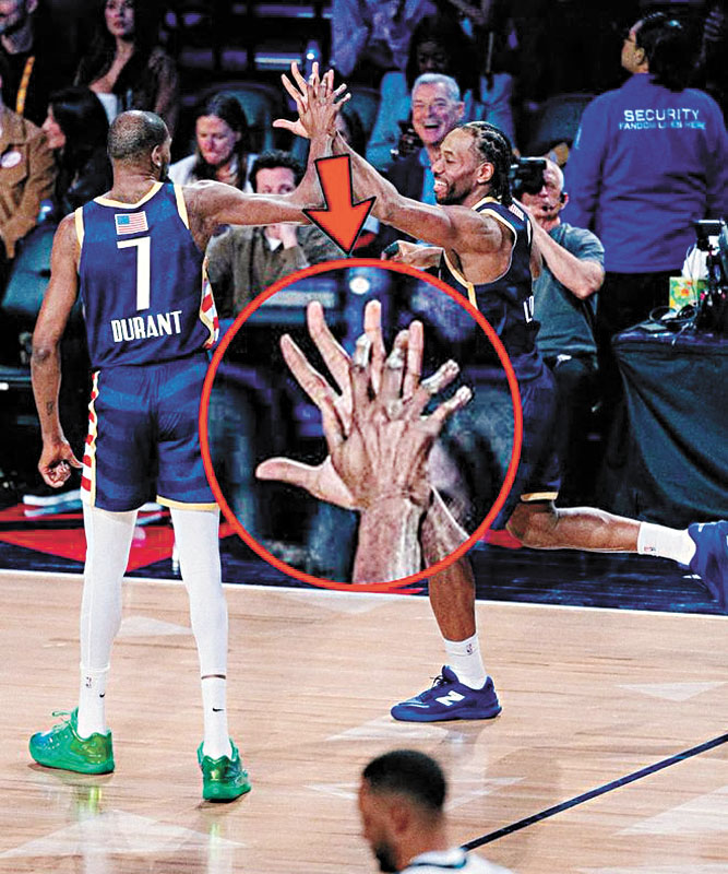 善於發現的攝影師聚焦萊昂納德杜蘭特的手掌大小引出話題。網上圖片