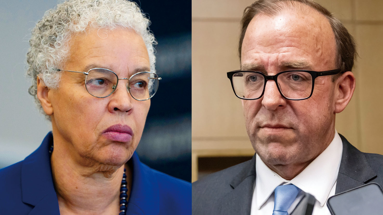 庫克郡郡長寶座之爭唇槍舌劍硝煙瀰漫，圖左為力爭第五任連任的庫克郡郡長冬妮普瑞雯克、圖右為挑戰者芝加哥第42區區長布倫丹賴利。兩名候選人勢均力敵、在3月17日初選日將拼搏力爭民主黨候選人的資格。