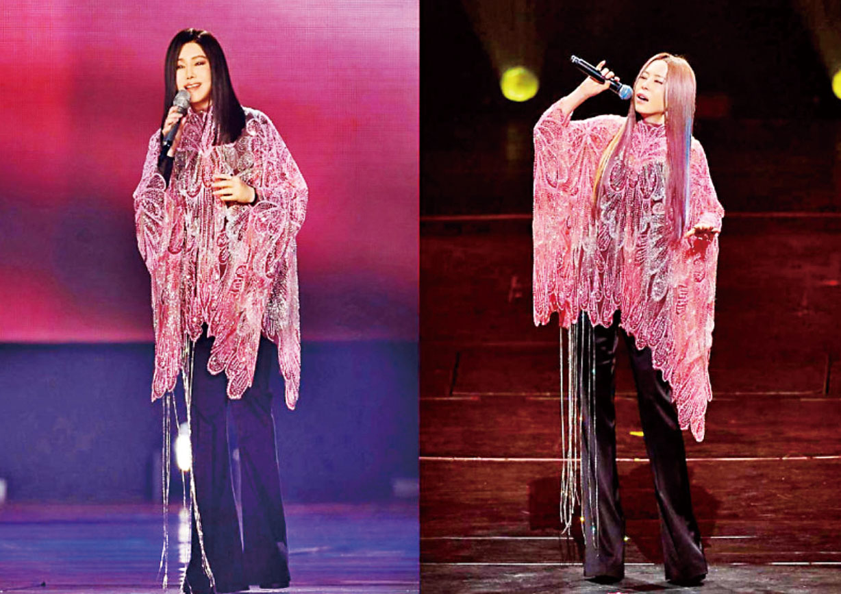 江蕙（左）先前在演唱會穿粉紅色秀服，後被妹妹江淑娜借走。網上圖片