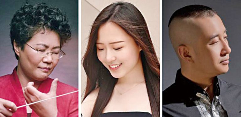 三藩市交響樂團農曆新年音樂會，由陳美安（左）指揮，第二單簧管演奏家蘇宇欣（中）獨奏《獨上西樓》，二胡演奏家高韶青演出其本人原創作品《隨想曲第六號-韶音》。三藩市交響樂團