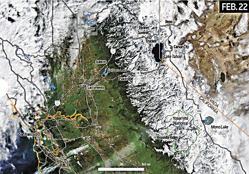 圖為2月22日風暴後的內華達山脈。NASA Worldview