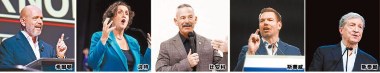 最新民調顯示，下屆加州州長選舉的眾多候選人中，前五位的支持率不分上下，包括（左起）希爾頓、波特、比安科、斯華威和斯泰爾。美聯社/洛杉磯時報資料圖片