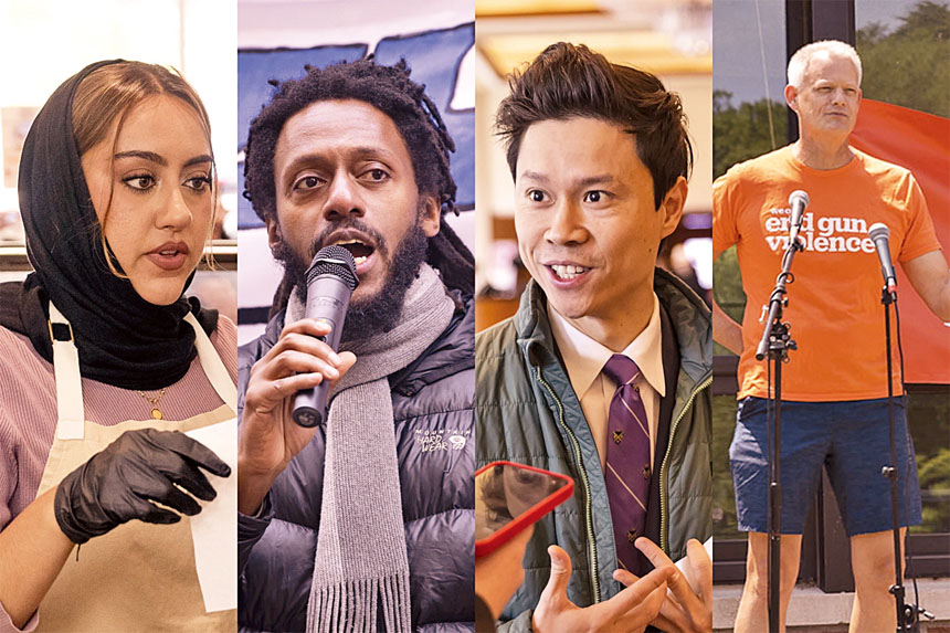 伊州第九選區國會議員候選人為爭取初選席位展開辯論會。圖左起 ：布莎拉·阿米瓦拉（Bushra Amiwala ）、伊州參議員麥克西蒙斯(Mike Simmons)、伊州第13區眾議員黃凱煥（Hoan Huynh）與前FBI特工菲力安德魯 （Phil Andrew）。