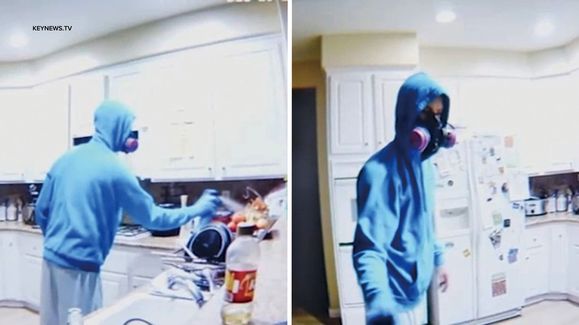 影片顯示，涉案男子在食品雜貨上噴灑殺蟲劑。ABC 7電視畫面