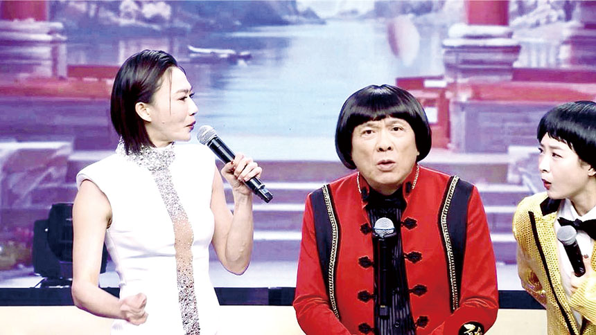 籃籃(右)、侯怡君與AI重現的豬哥亮互動。網上圖片