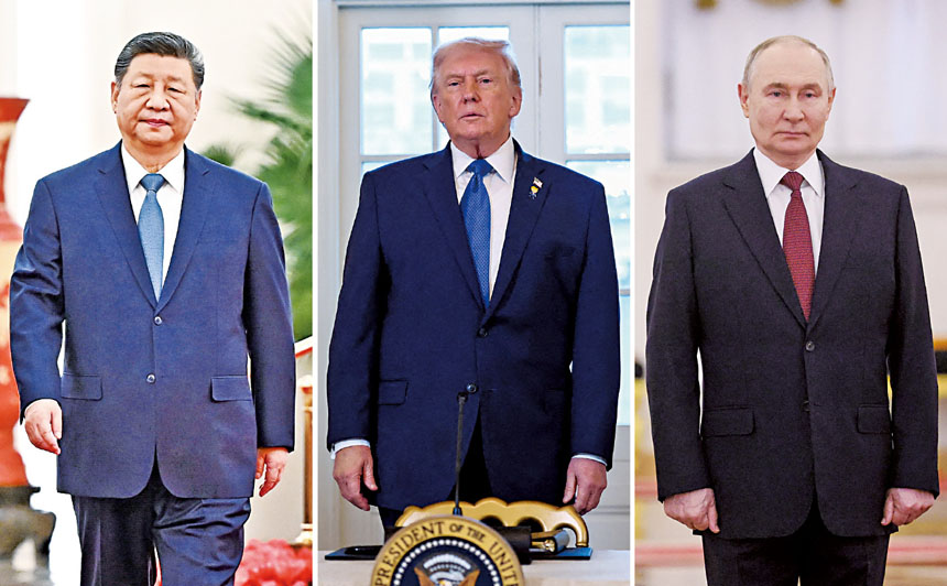 中國國家主席習近平（左）4日先與俄羅斯總統普京（右）視頻會晤，其後又與美國總統特朗普（中）通電話。新華社/路透社