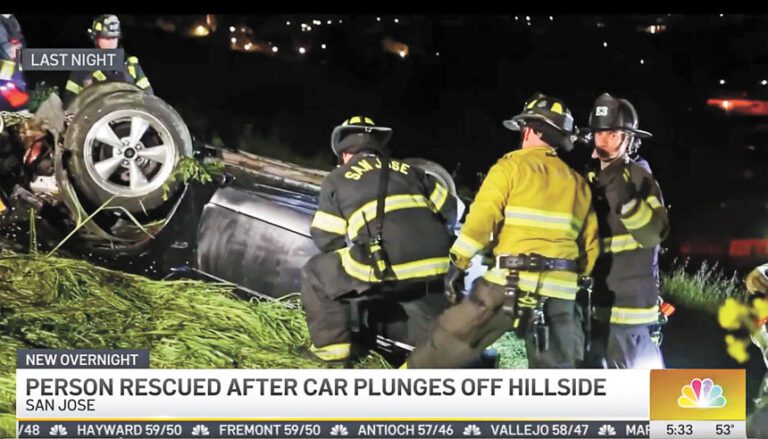 聖荷西社區「通訊山」一輛汽車不明原因衝下山坡。NBC電視畫面