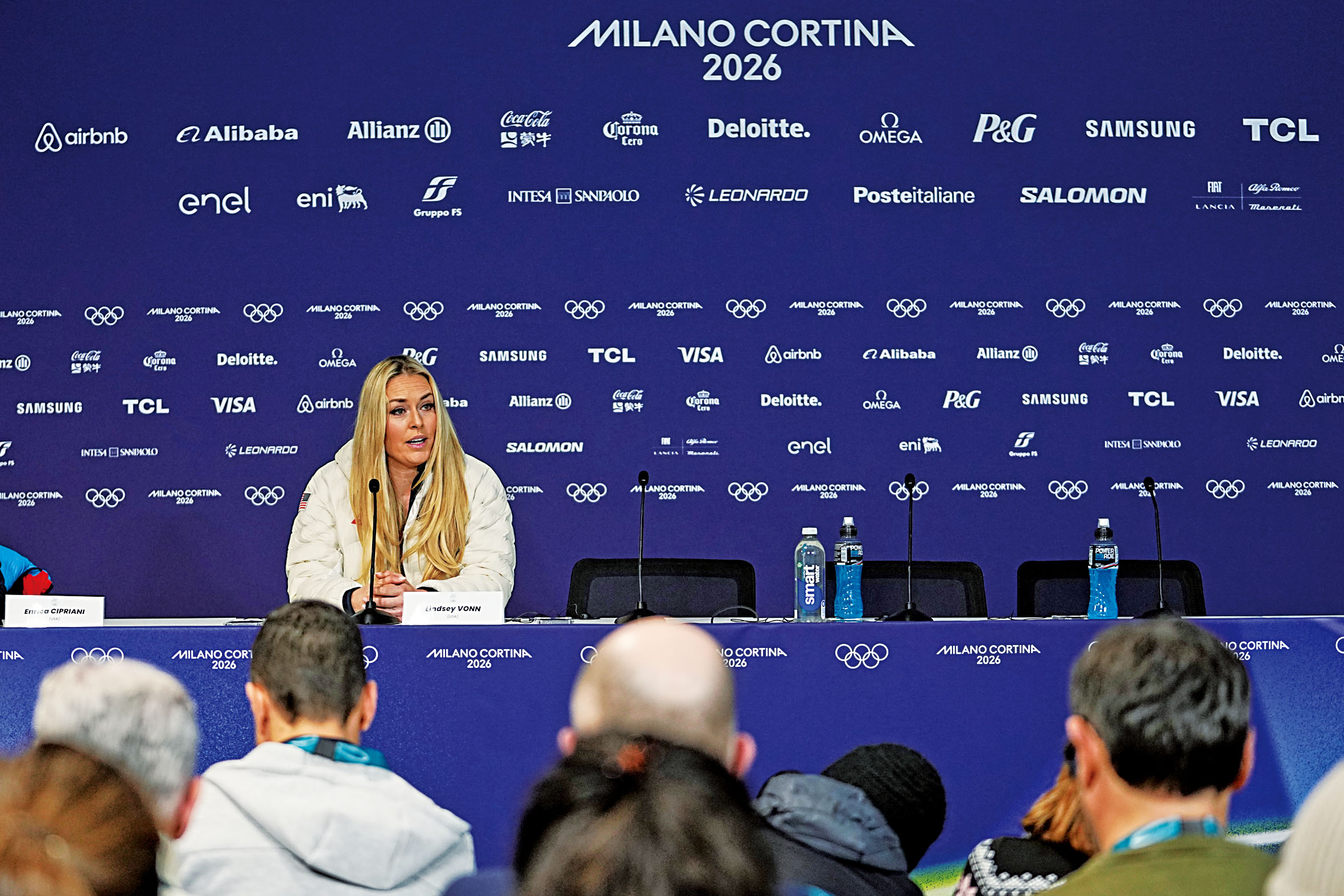 琳賽．沃恩在新聞發布會上介紹自己的備戰情況。美聯社