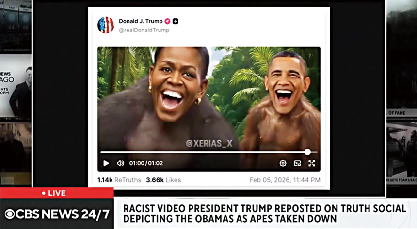 特朗普總統社媒帳號發布一段將奧巴馬夫婦描繪成猿猴形象的影片，引起爭議，最終刪帖。CBS電視畫面
