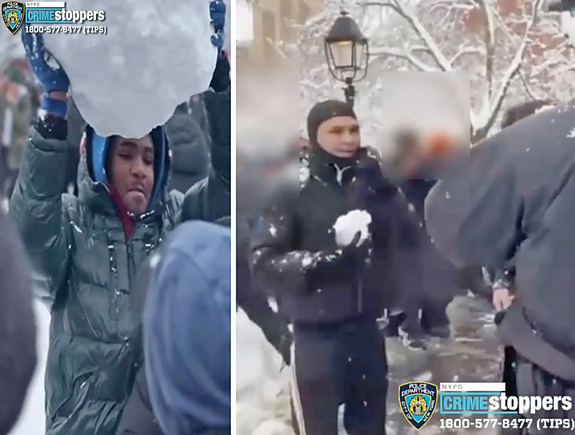 上周在華盛頓廣場公園發生的襲警事件，兩名警員遭暴徒以冰塊及巨型雪球圍攻受傷。 NYPD圖片