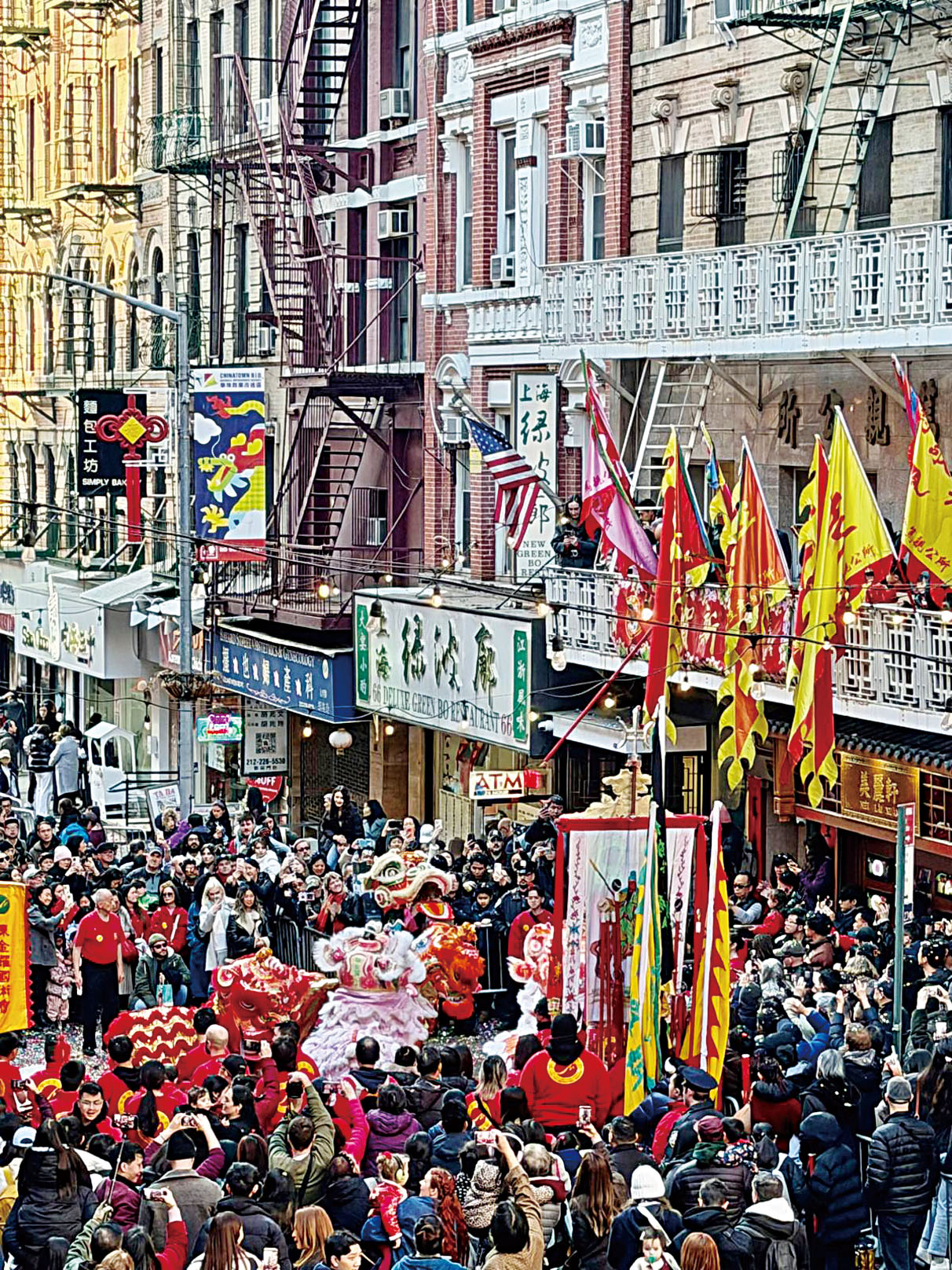 醒獅們在華埠至孝篤親公所門前採青，人山人海一齊欣賞。