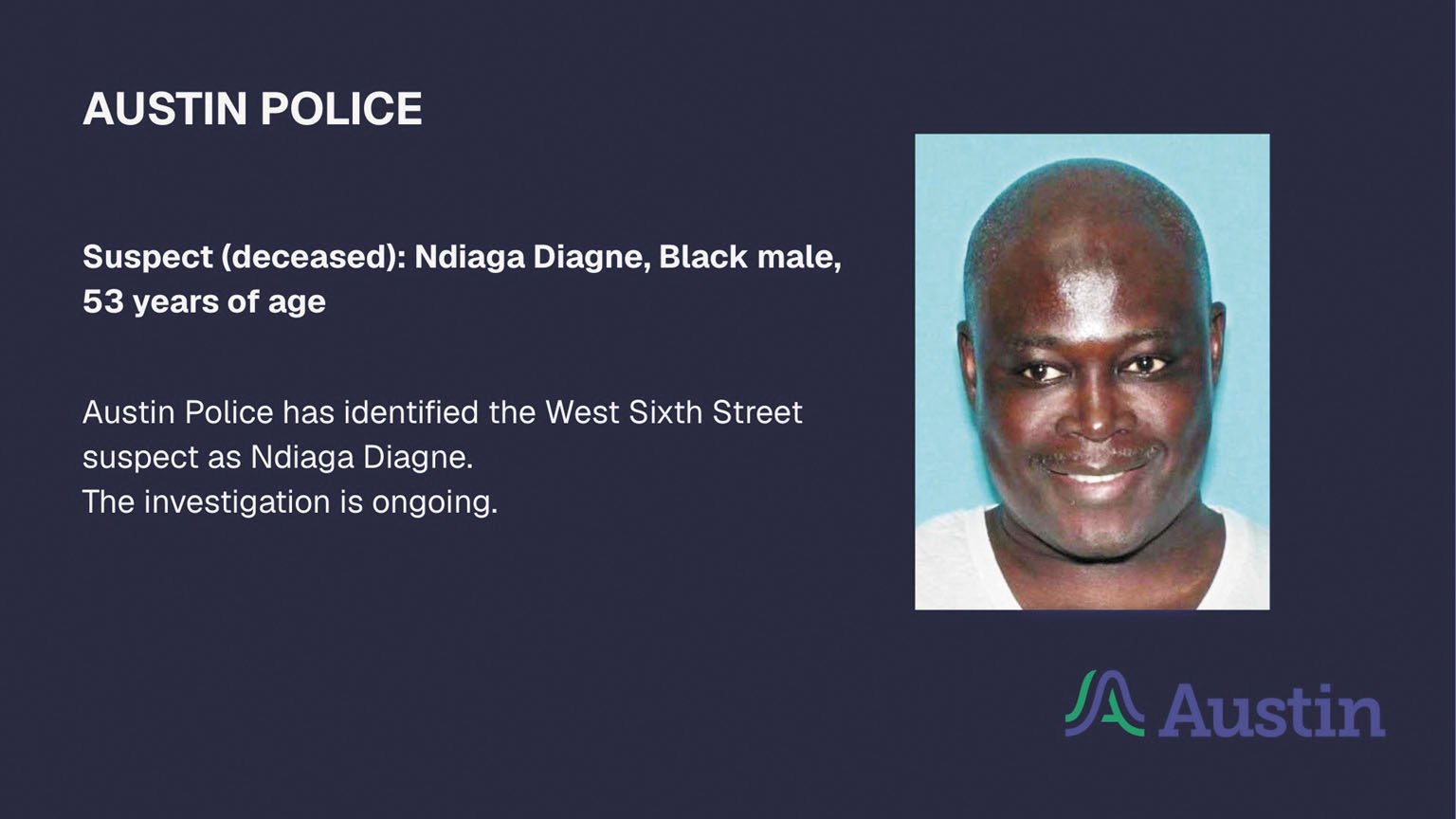 警方確認槍手為53歲的迪亞涅（Ndiaga Diagne）。奧斯汀警察局