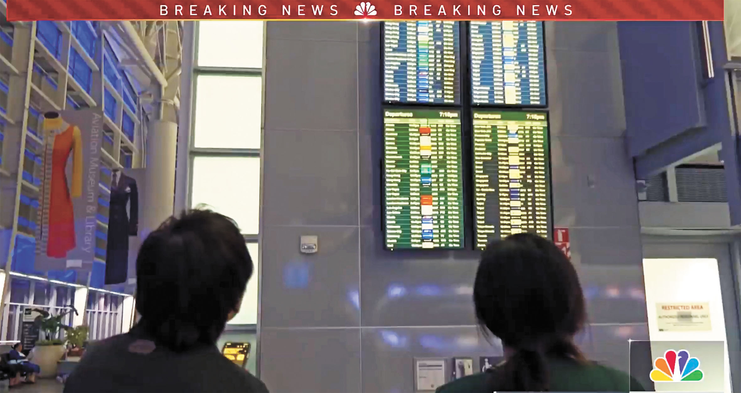 三藩市國際機場（SFO）阿聯酋和卡達航空的直飛航班取消，印度航空航班需改道。NBC電視畫面