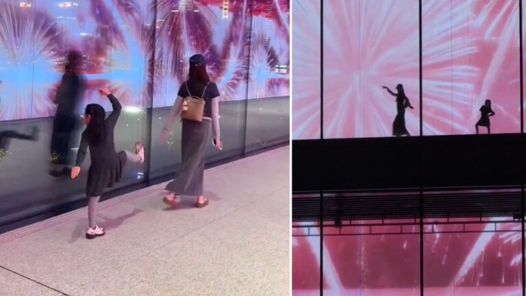 上海浦東美術館溫馨一幕 母女光影幕前起舞剪影獲百萬點讚