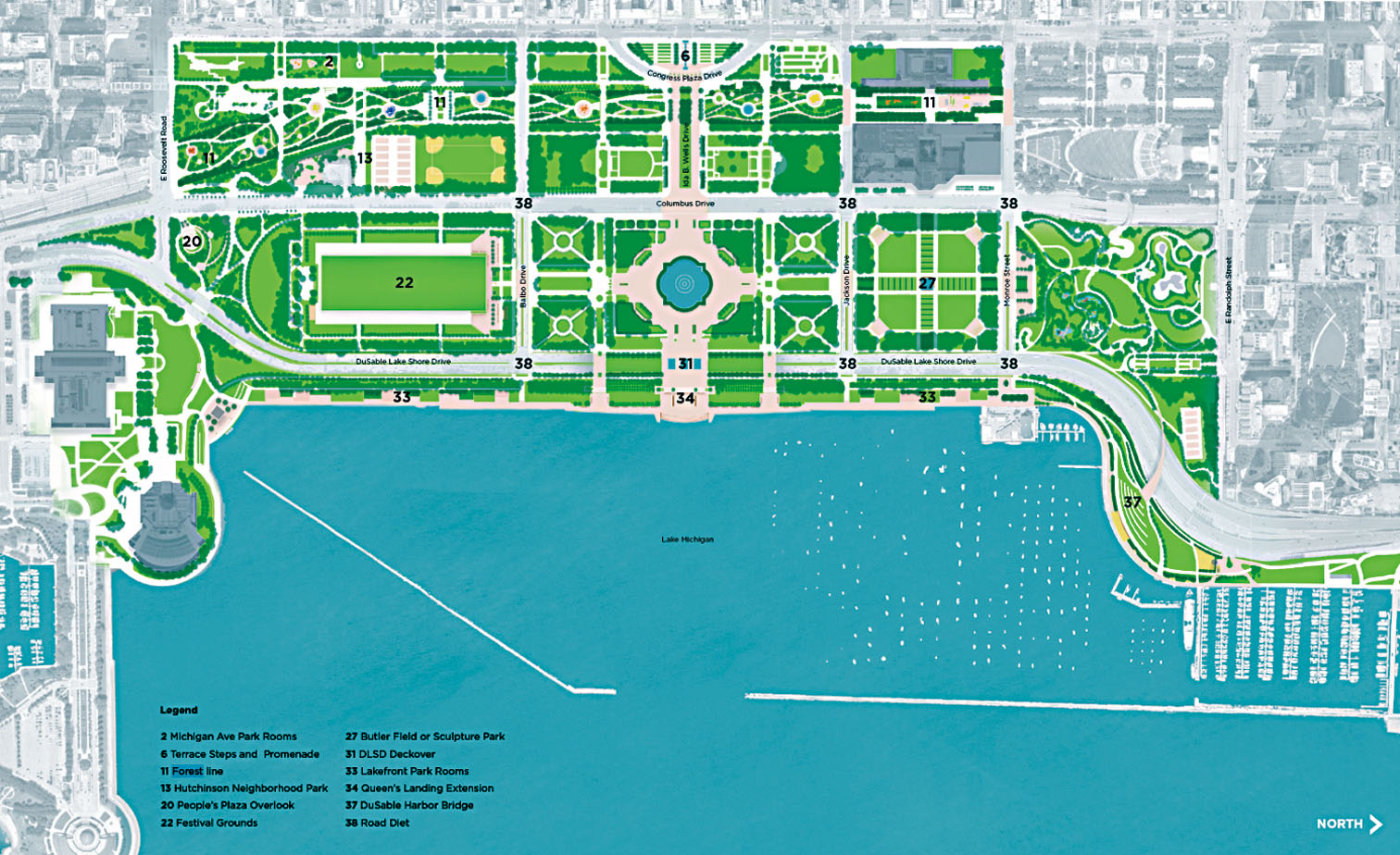 佔地超過300英畝的格蘭公園，將在未來20年間進行框架大改造，命名為「格蘭公園框架計劃：2026年芝加哥前庭重塑願景」。    芝公園管理局官網
