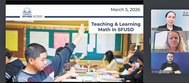 三藩市聯合校區3月5日舉行線上家長說明會，介紹8年級代數課程試點研究結果，並就未來是否恢復8年級提供代數課程向家長徵詢意見。會議截圖