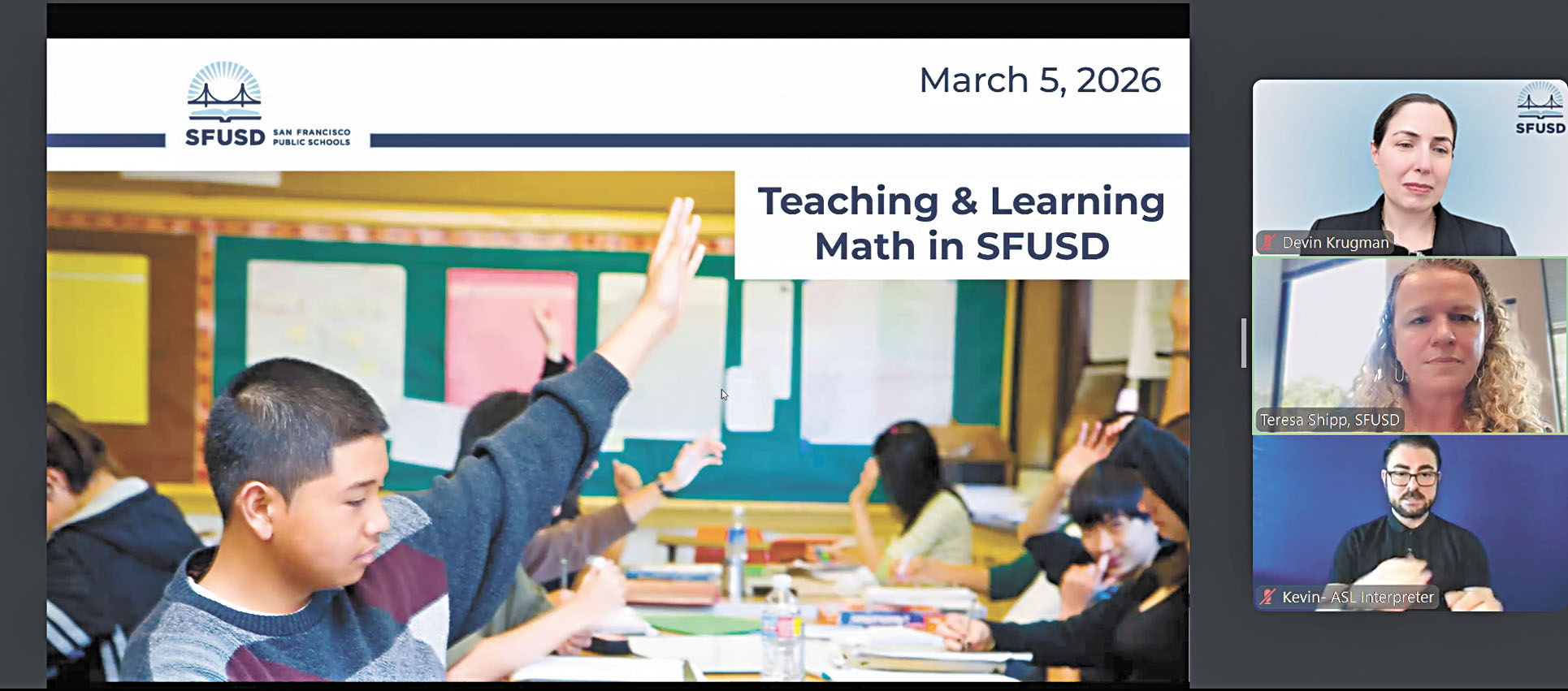 三藩市聯合校區3月5日舉行線上家長說明會，介紹8年級代數課程試點研究結果，並就未來是否恢復8年級提供代數課程向家長徵詢意見。會議截圖