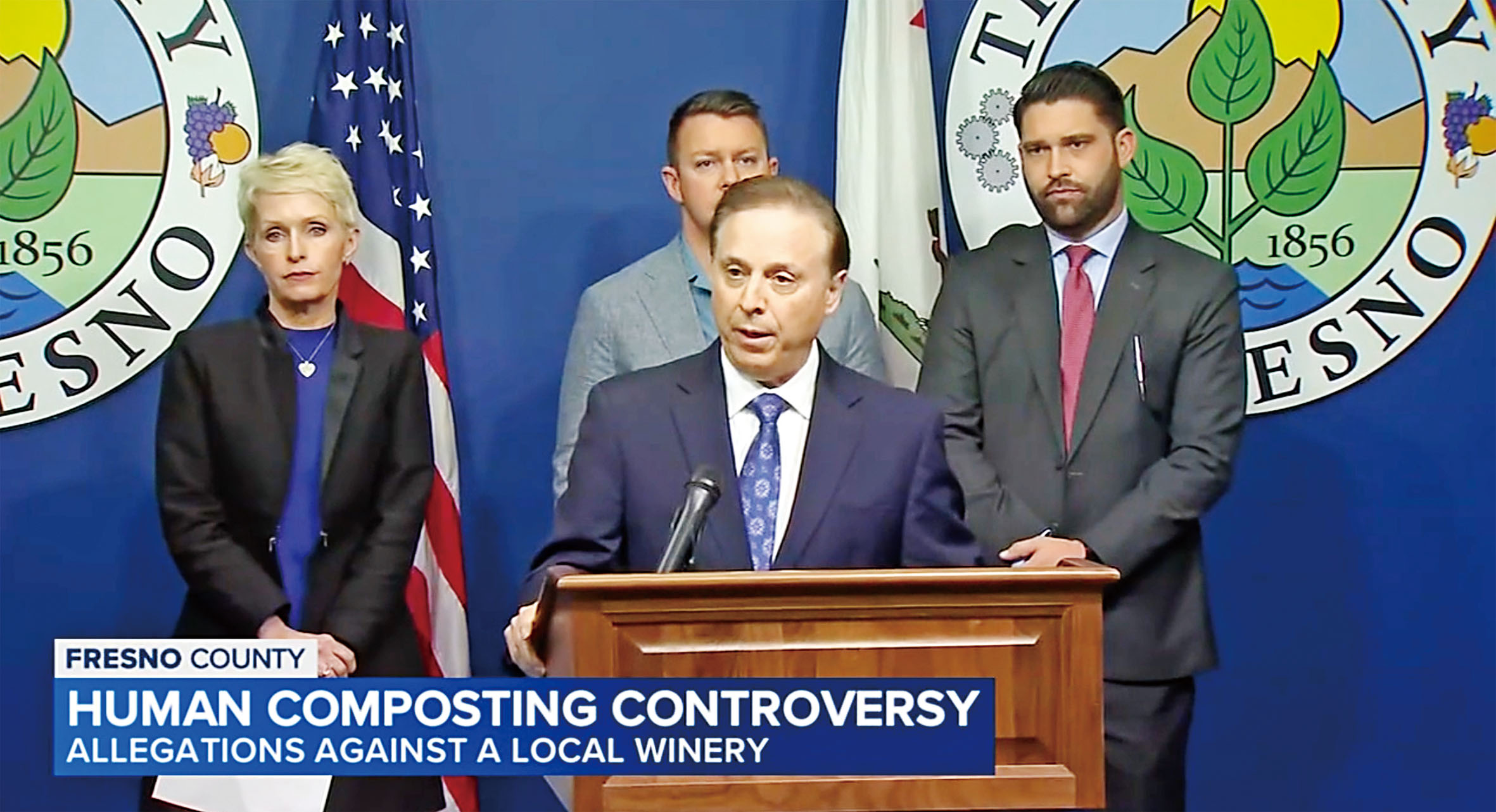 佛斯盧縣參事布雷德菲爾德（Garry Bredefeld）批評使用人體堆肥。ABC30電視畫面