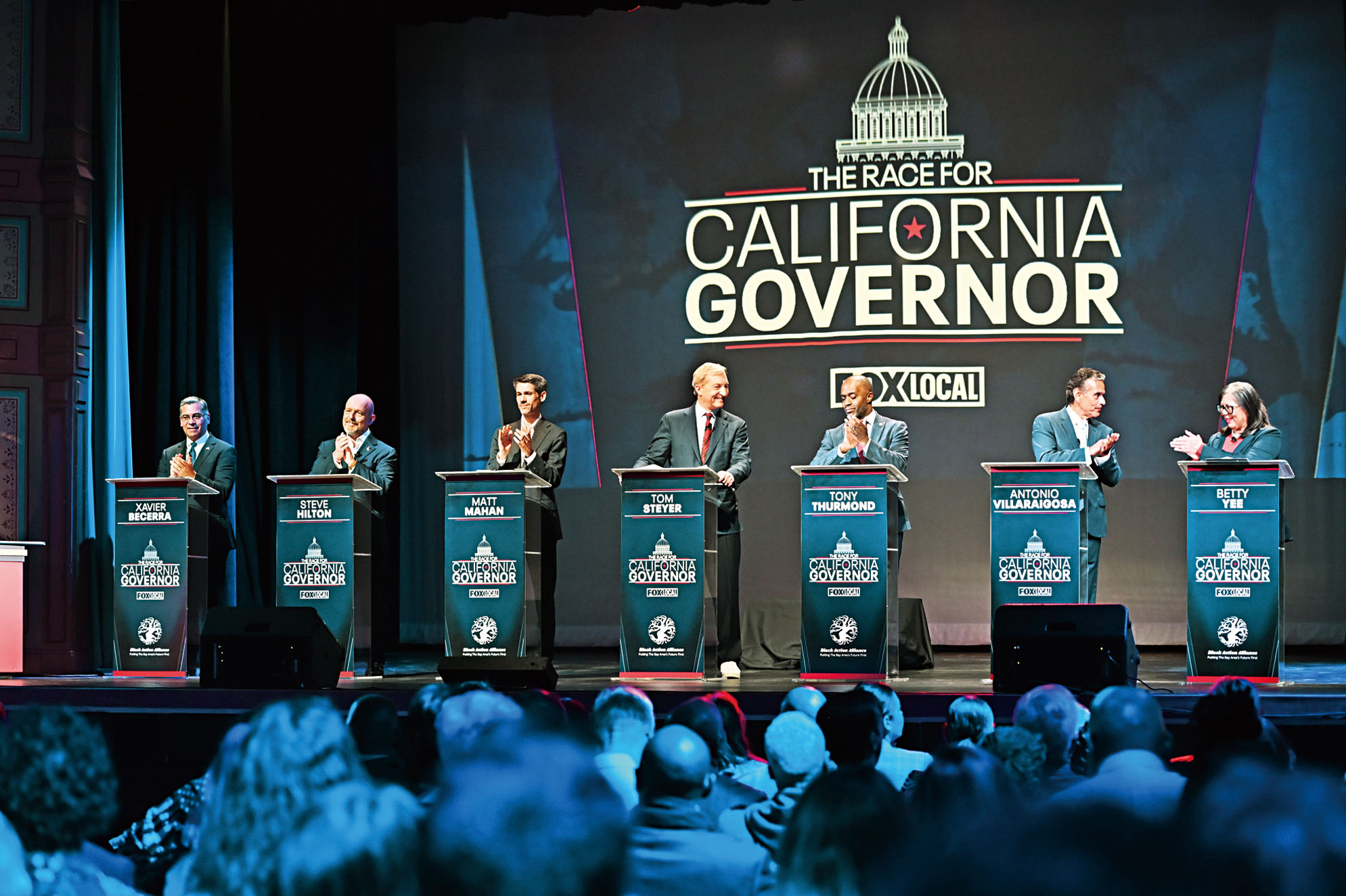 圖為2月初在三藩市舉行的加州州長候選人辯論會現場。美聯社