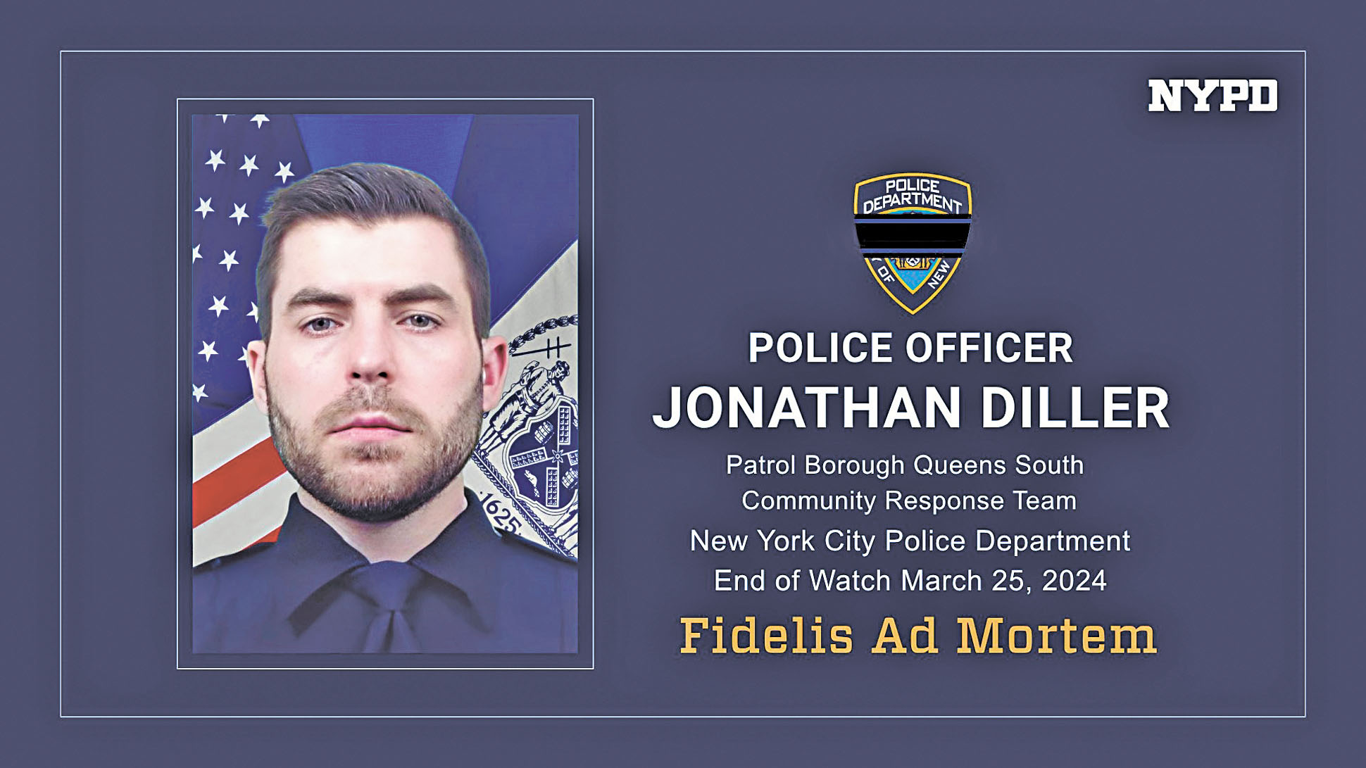 圖為殉職警員迪勒（Jonathan Diller）。 皇后區地方檢察官凱茲（Melinda Katz）社交媒體X