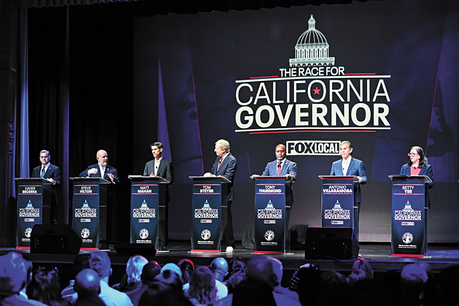 兩份民調顯示加州州長初選開始明朗化，圖為2月中多位州長候選人出席一場論壇。美聯社資料圖片