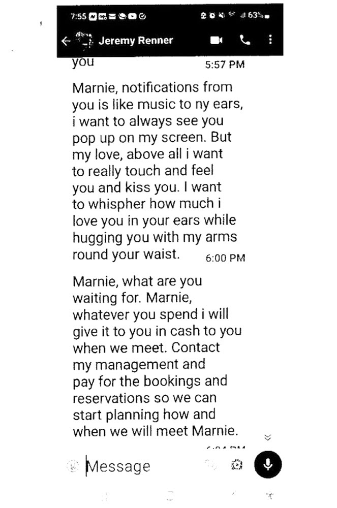 Marnie每天與這位「謝洛美」透過短訊聊天，對方更對她講盡甜言蜜語。