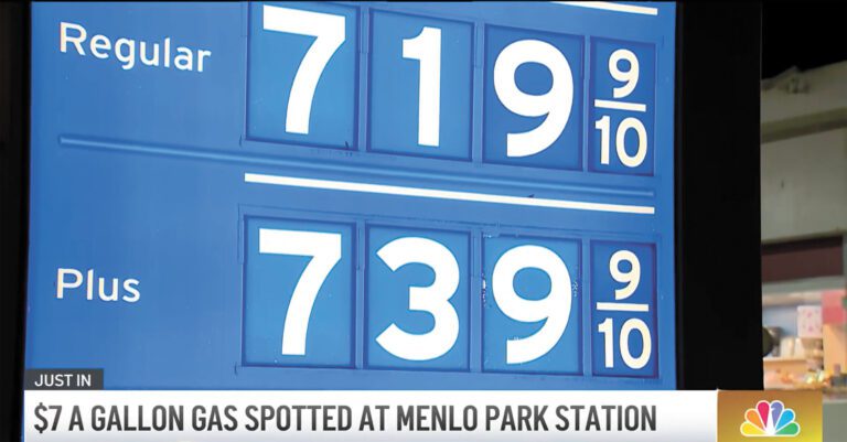 灣區一些加油站油價超過7元。NBC電視畫面